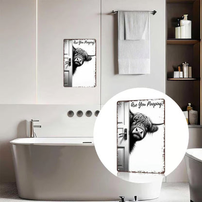 Vintage Highland Cow Sign – Funny"Are You Pooping?" Wall Decor😂